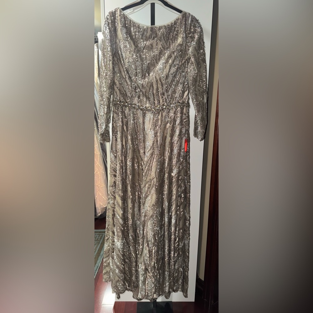 Sequin long sleeve bateau A line gown - Picture 7 of 9